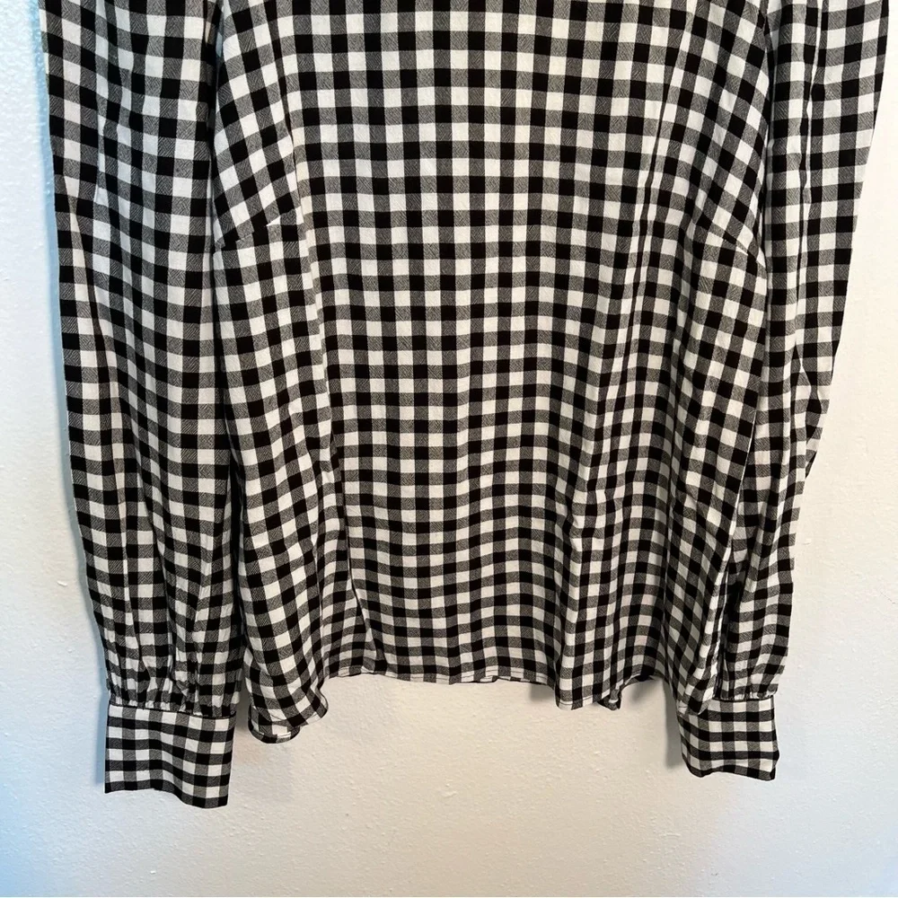 Loft Women's Size XS Blouse Long Puff Sleeve Black White Gingham Crewneck 552579